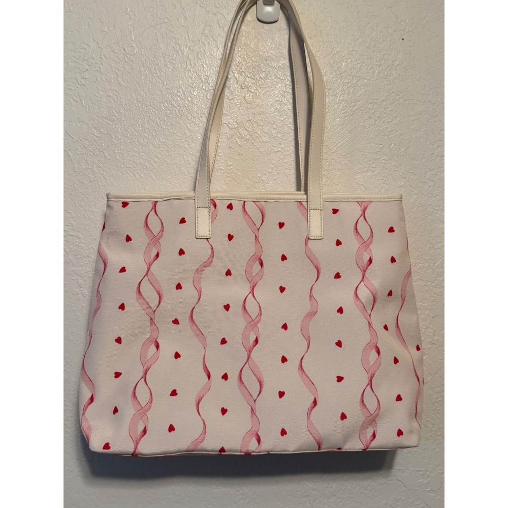 Soma Tote Bag Cream Red Hearts Pink Ribbon Print Faux Leather Trim Large